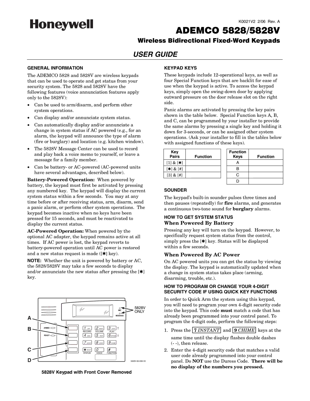 Honeywell 5828/5828V manual General Information, Keypad Keys, Sounder, HOW to GET System Status 