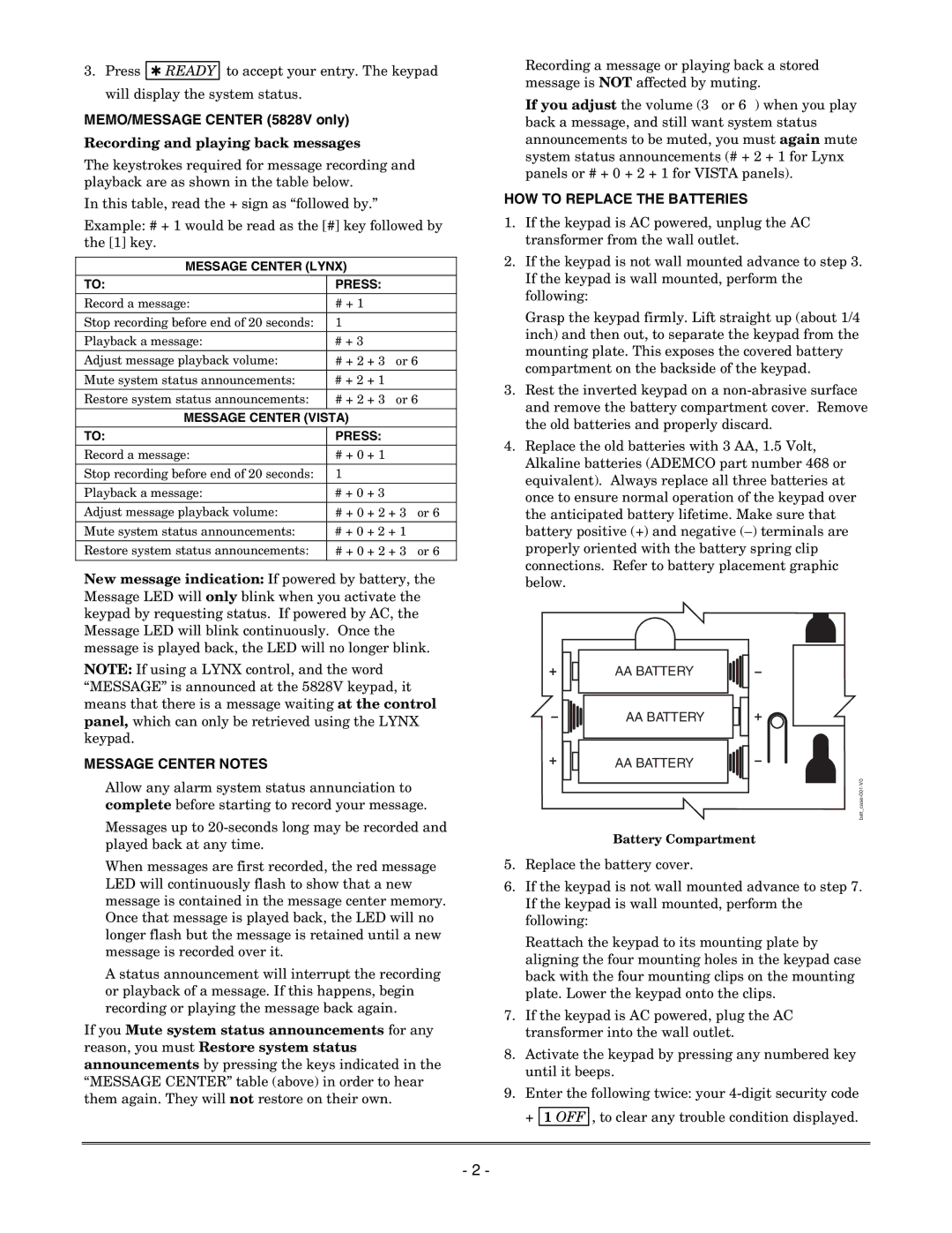 Honeywell 5828/5828V manual Message Center Notes, HOW to Replace the Batteries 