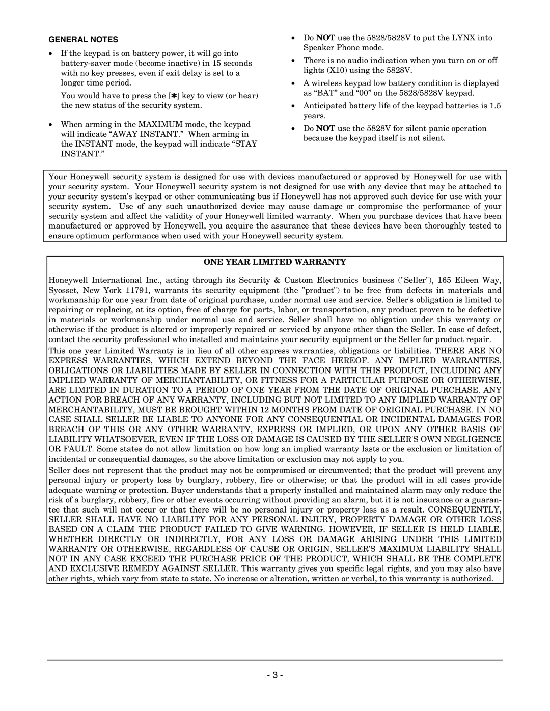 Honeywell 5828/5828V manual General Notes, ONE Year Limited Warranty 