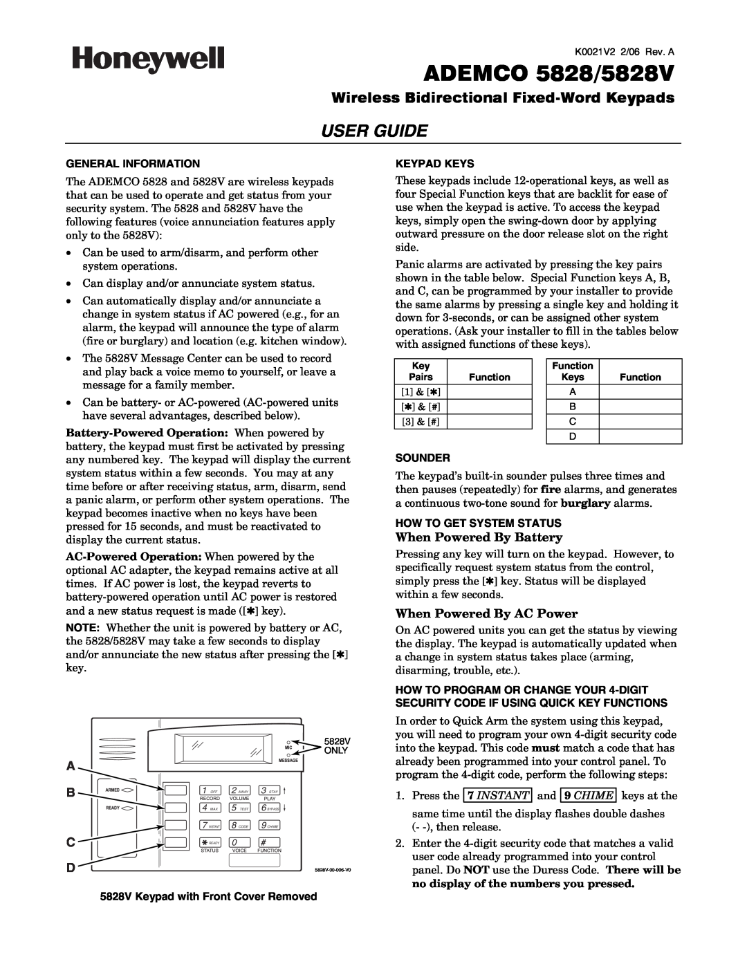 Honeywell 5828/5828V manual General Information, 5828V Keypad with Front Cover Removed, Keypad Keys, Sounder, User Guide 
