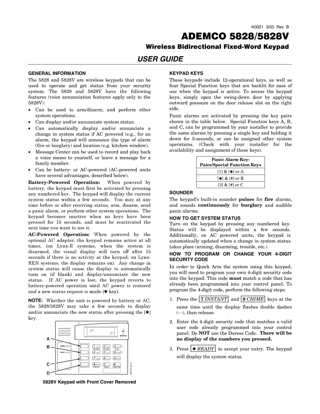 Honeywell 5828V manual General Information, Keypad Keys, Sounder, HOW to GET System Status 