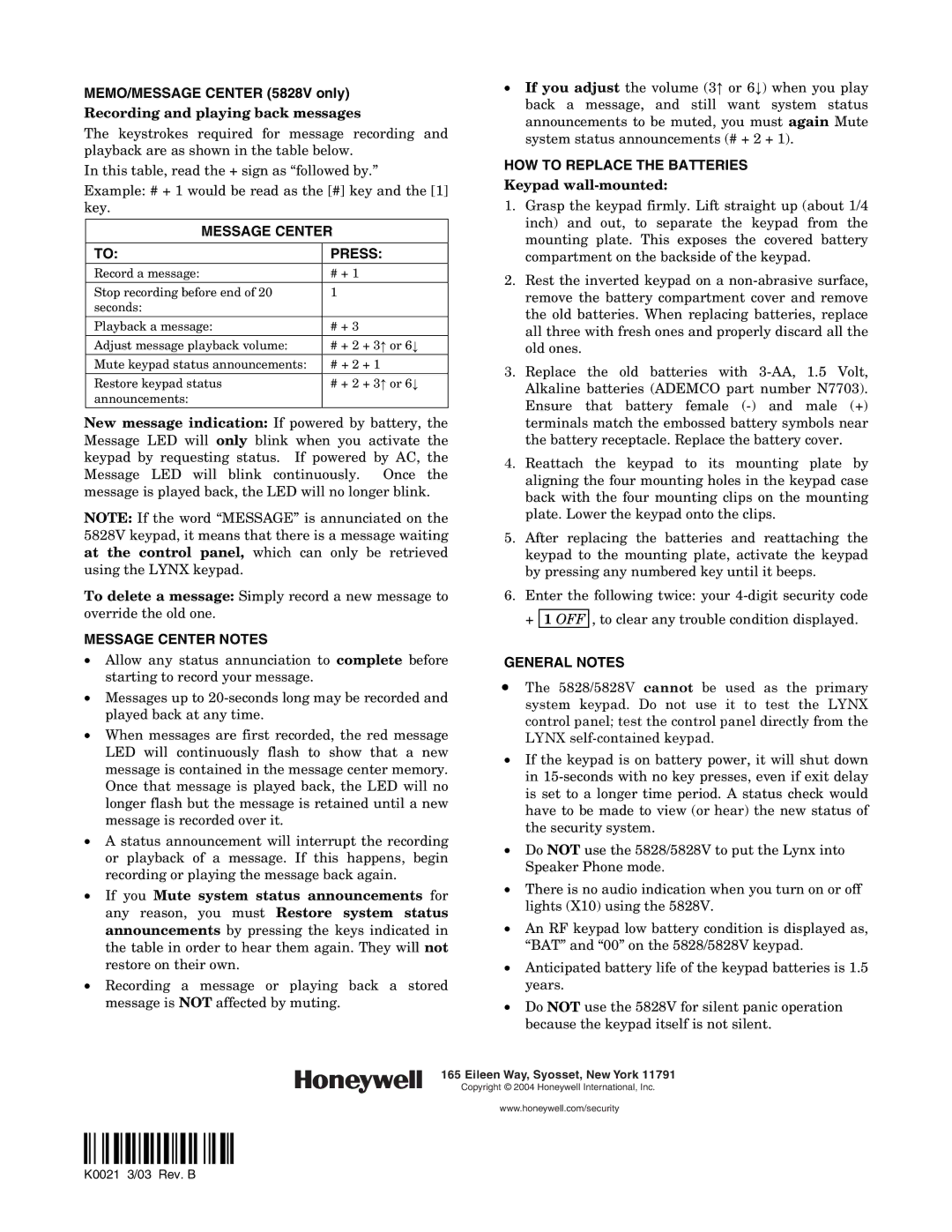 Honeywell 5828V manual Recording and playing back messages, Message Center Press, Message Center Notes, Keypad wall-mounted 
