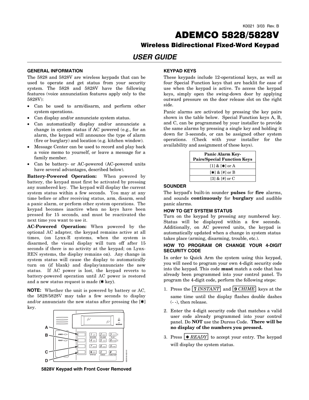 Honeywell manual General Information, 5828V Keypad with Front Cover Removed, Keypad Keys, Sounder, $0&29, User Guide 