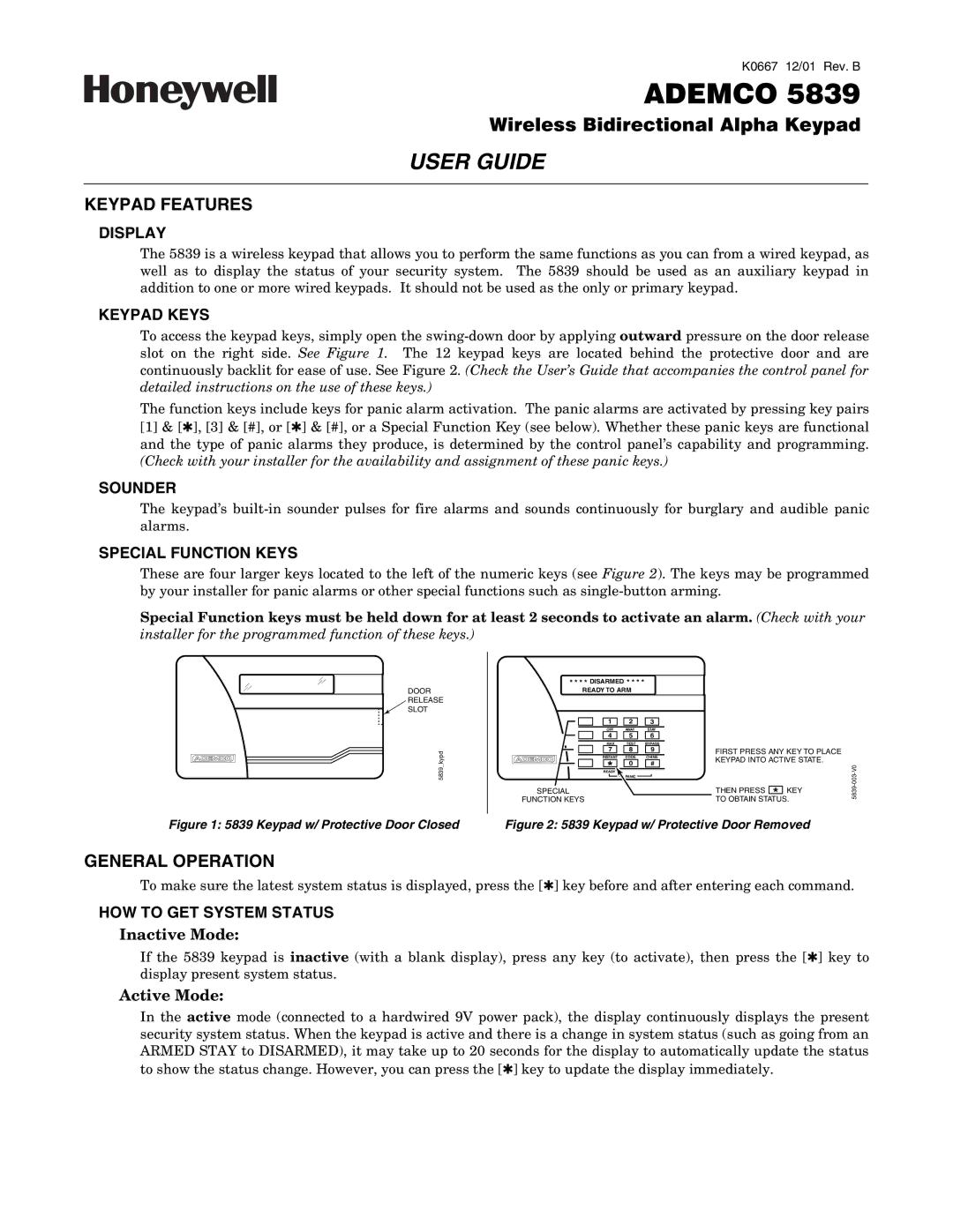 Honeywell 5839 manual Keypad Features, General Operation 