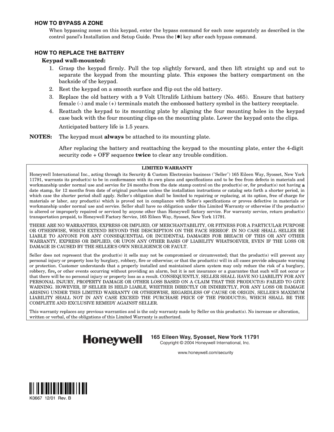 Honeywell 5839 manual HOW to Bypass a Zone, HOW to Replace the Battery, Keypad wall-mounted 