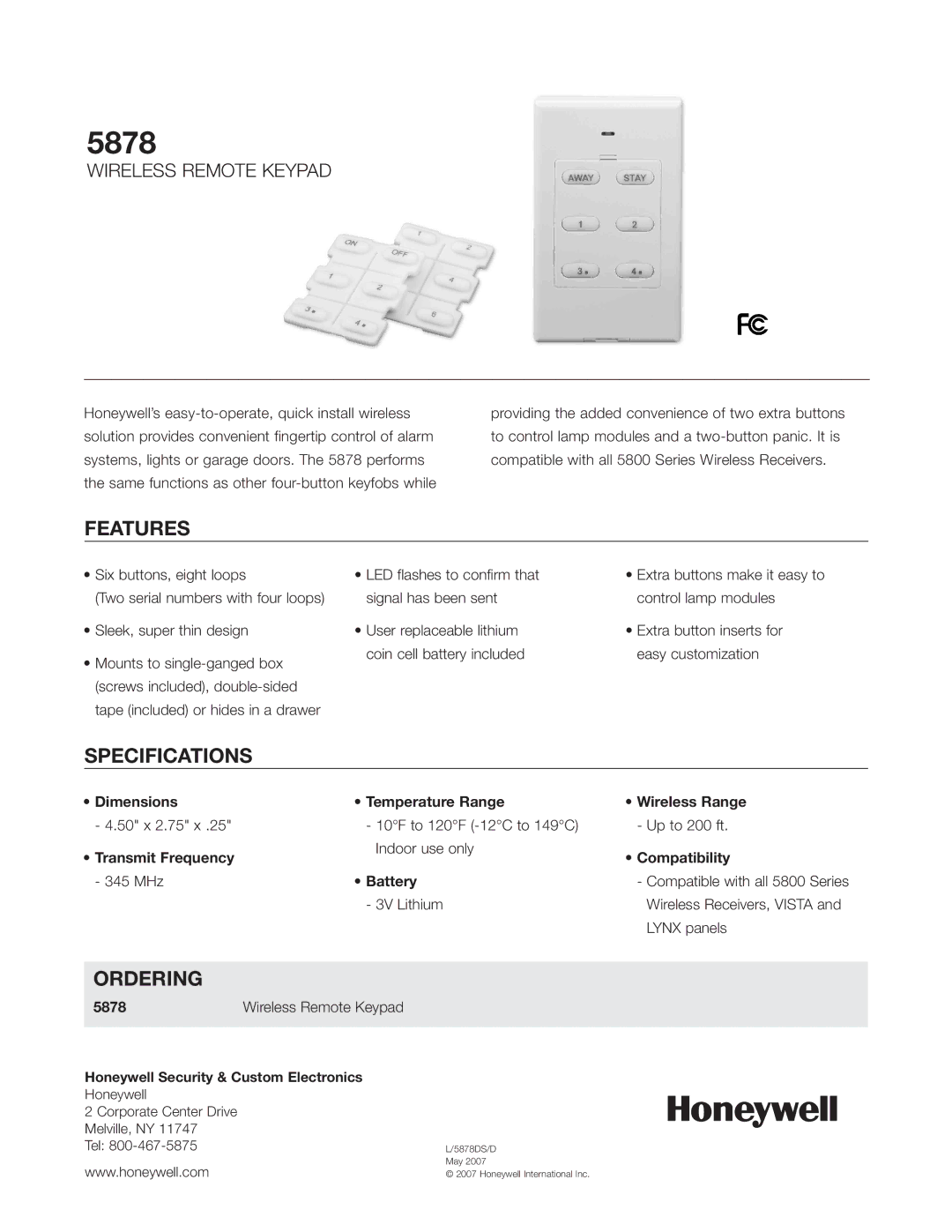 Honeywell 5878 specifications Features, Specifications, Ordering, Wireless Remote Keypad 