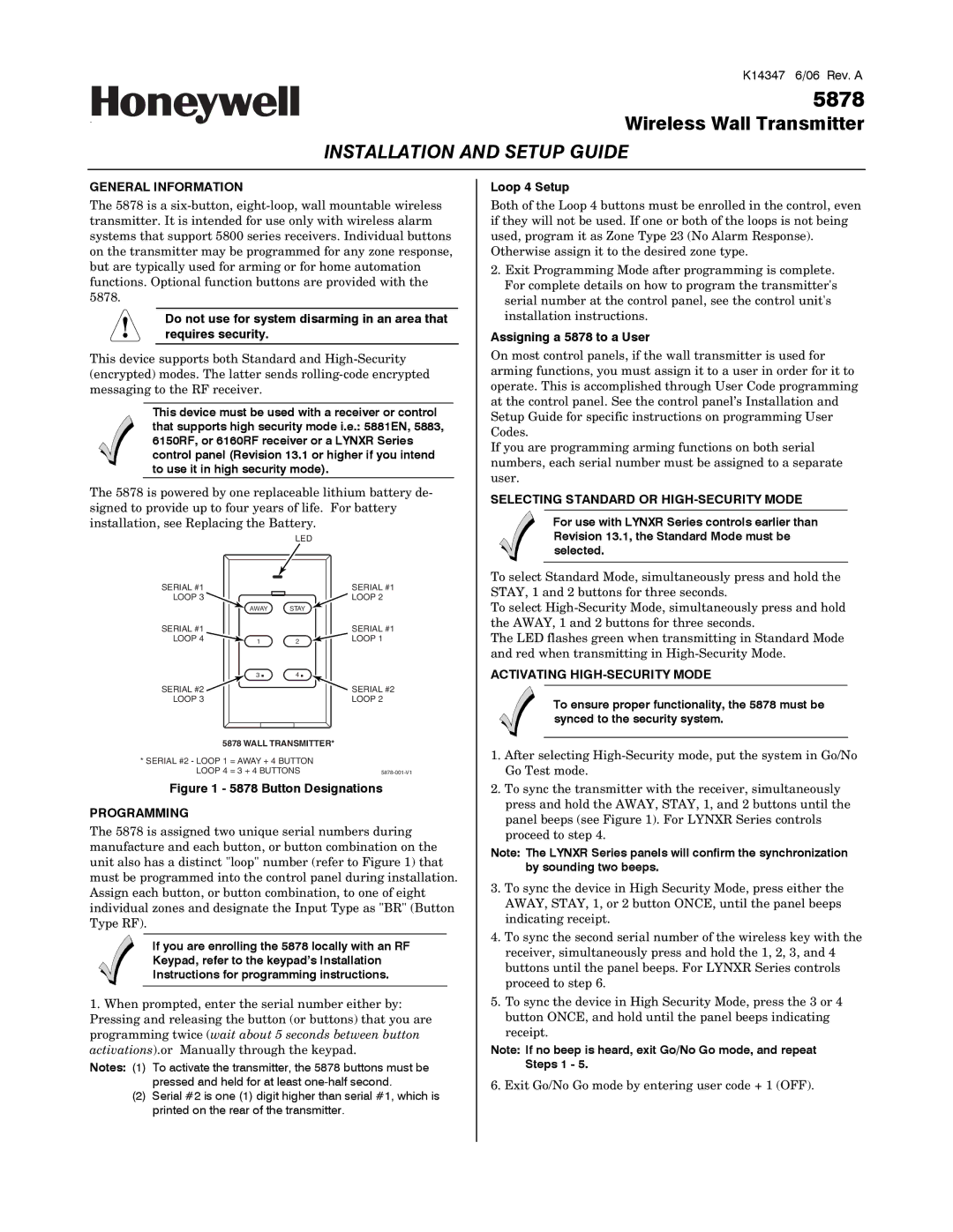 Honeywell 5878 setup guide General Information, Programming, Selecting Standard or HIGH-SECURITY Mode 