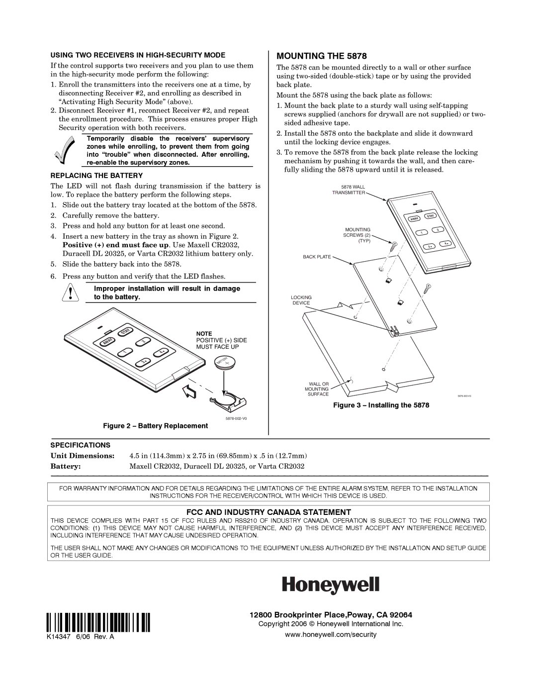 Honeywell 5878 setup guide Using TWO Receivers in HIGH-SECURITY Mode, Replacing the Battery, Specifications 