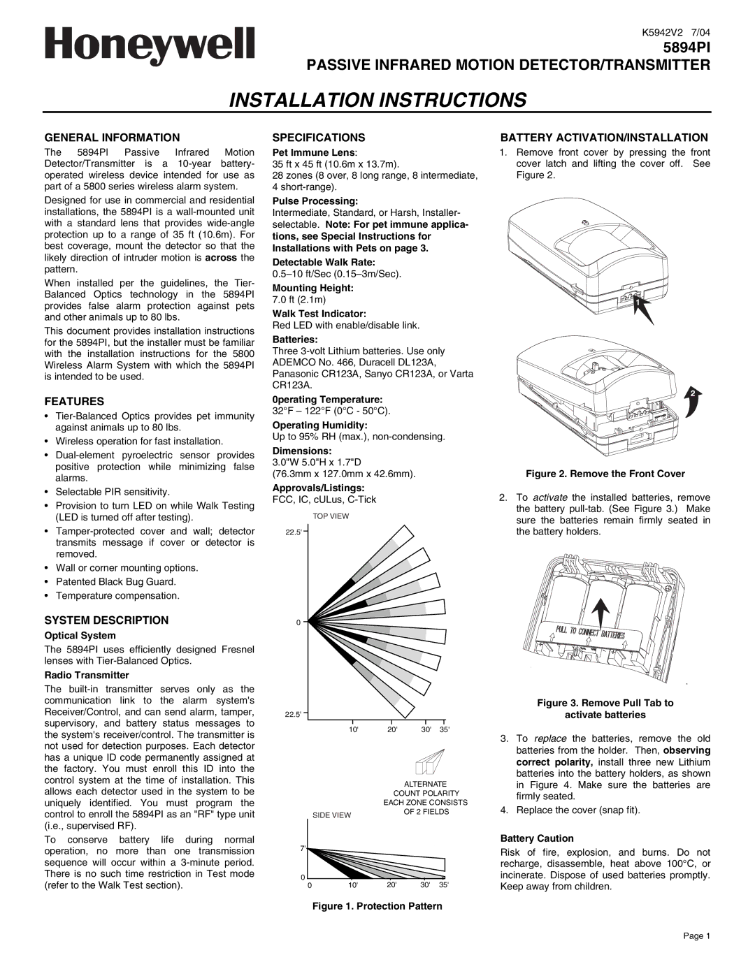 Honeywell 5894PI installation instructions General Information, Features, System Description, Specifications 