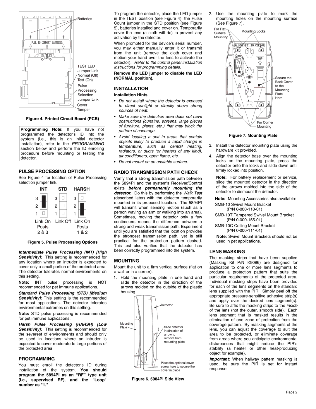 Honeywell 5894PI Installation, Pulse Processing Option, Programming, Radio Transmission Path Check, Mounting, Lens Masking 