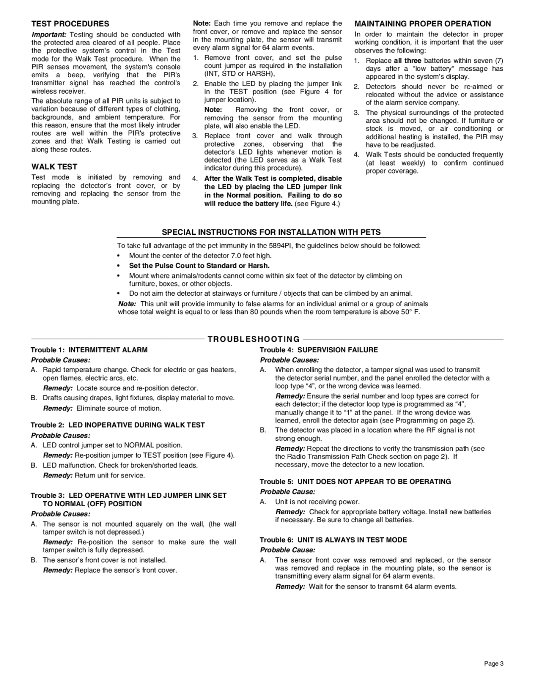 Honeywell 5894PI Test Procedures, Walk Test, Maintaining Proper Operation, Special Instructions for Installation with Pets 