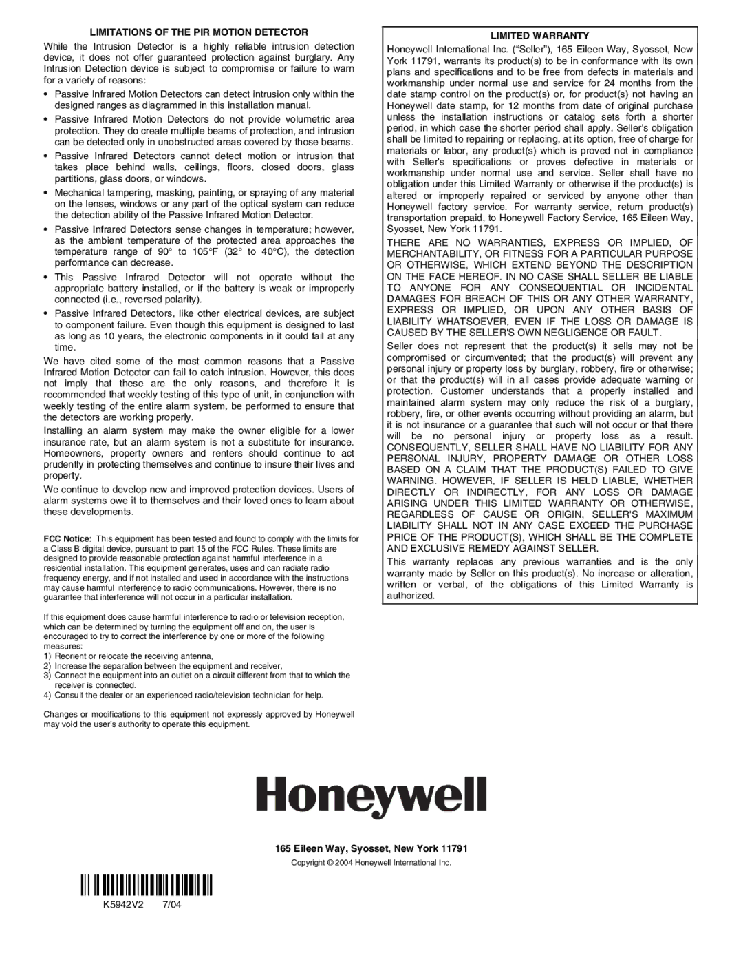 Honeywell 5894PI installation instructions Limitations of the PIR Motion Detector, Eileen Way, Syosset, New York 