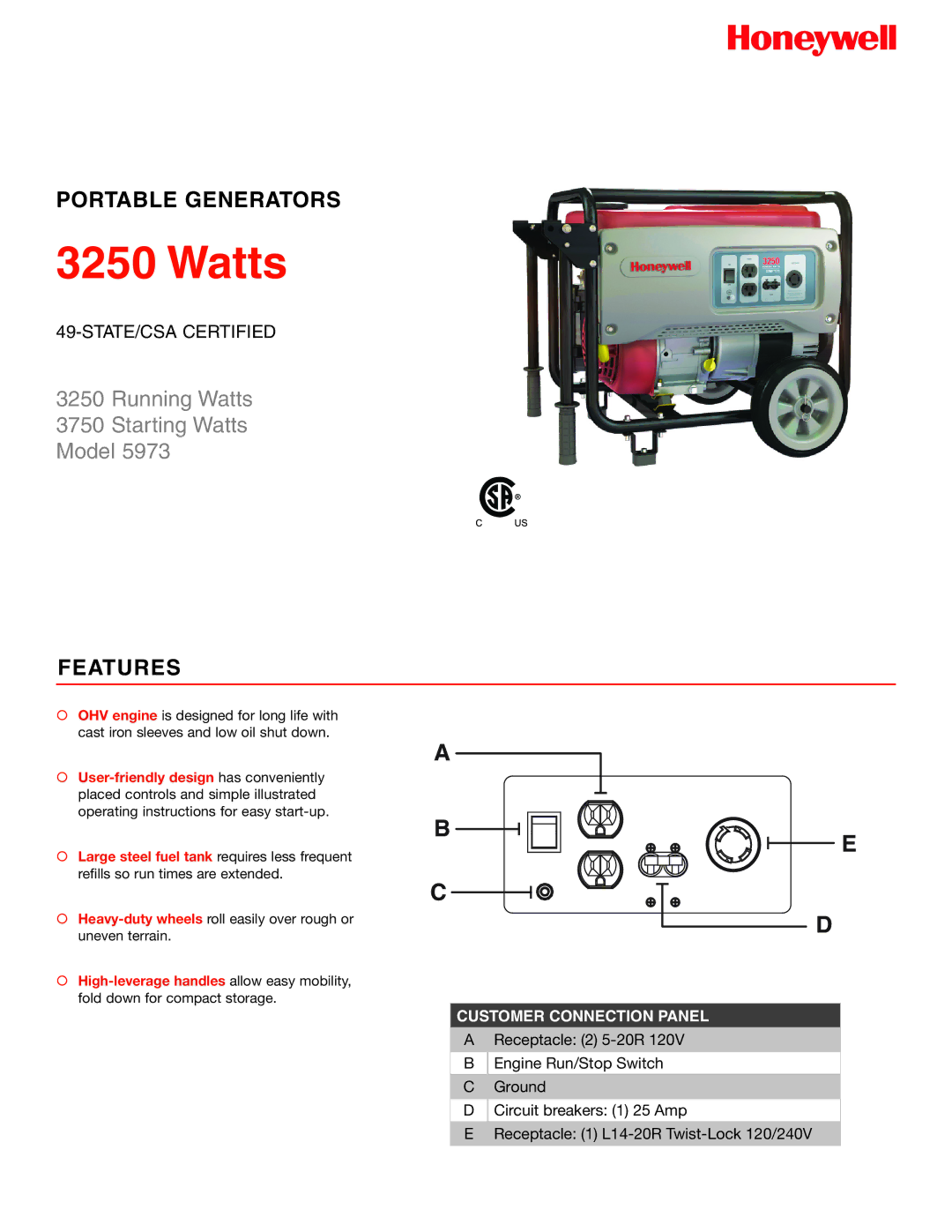 Honeywell 5973R manual Watts, Portable Generators, Features, Customer Connection Panel 