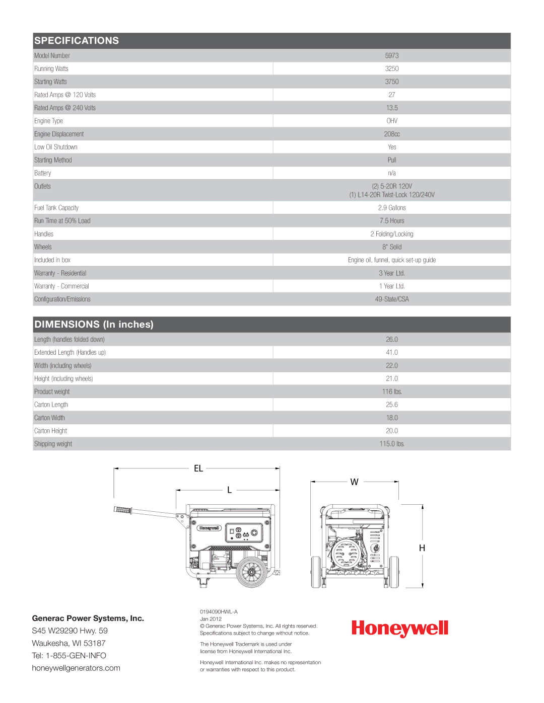 Honeywell 5973R manual Specifications, Dimensions In inches, Generac Power Systems, Inc, Ohv 