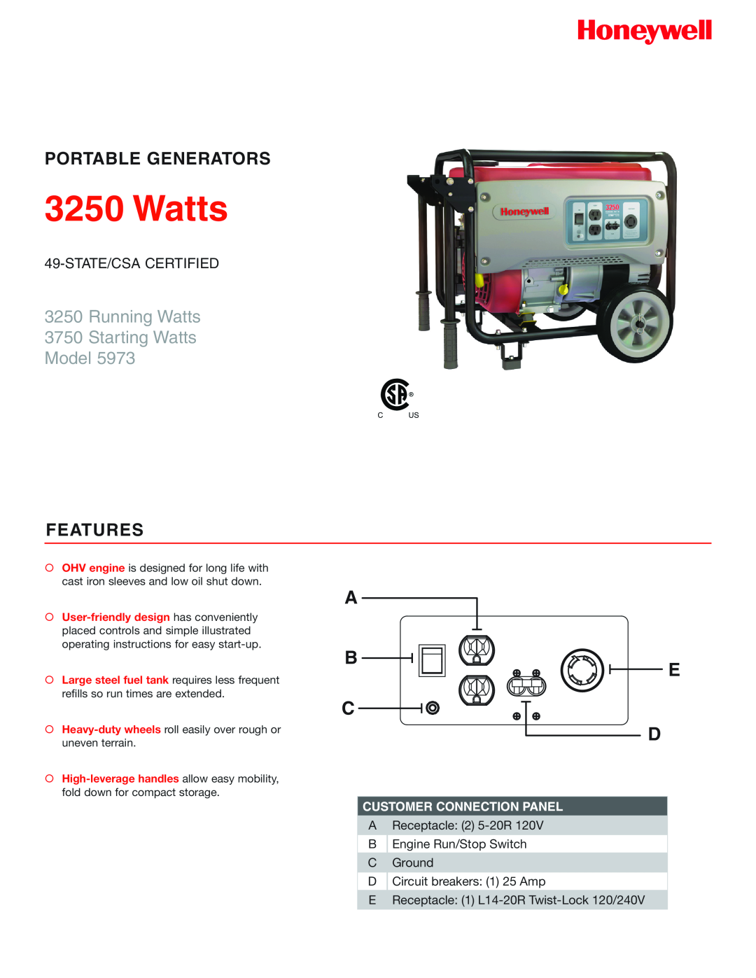 Honeywell 5973 manual State/Csacertified, Portable Generators, Running Watts 3750 Starting Watts Model, Features 