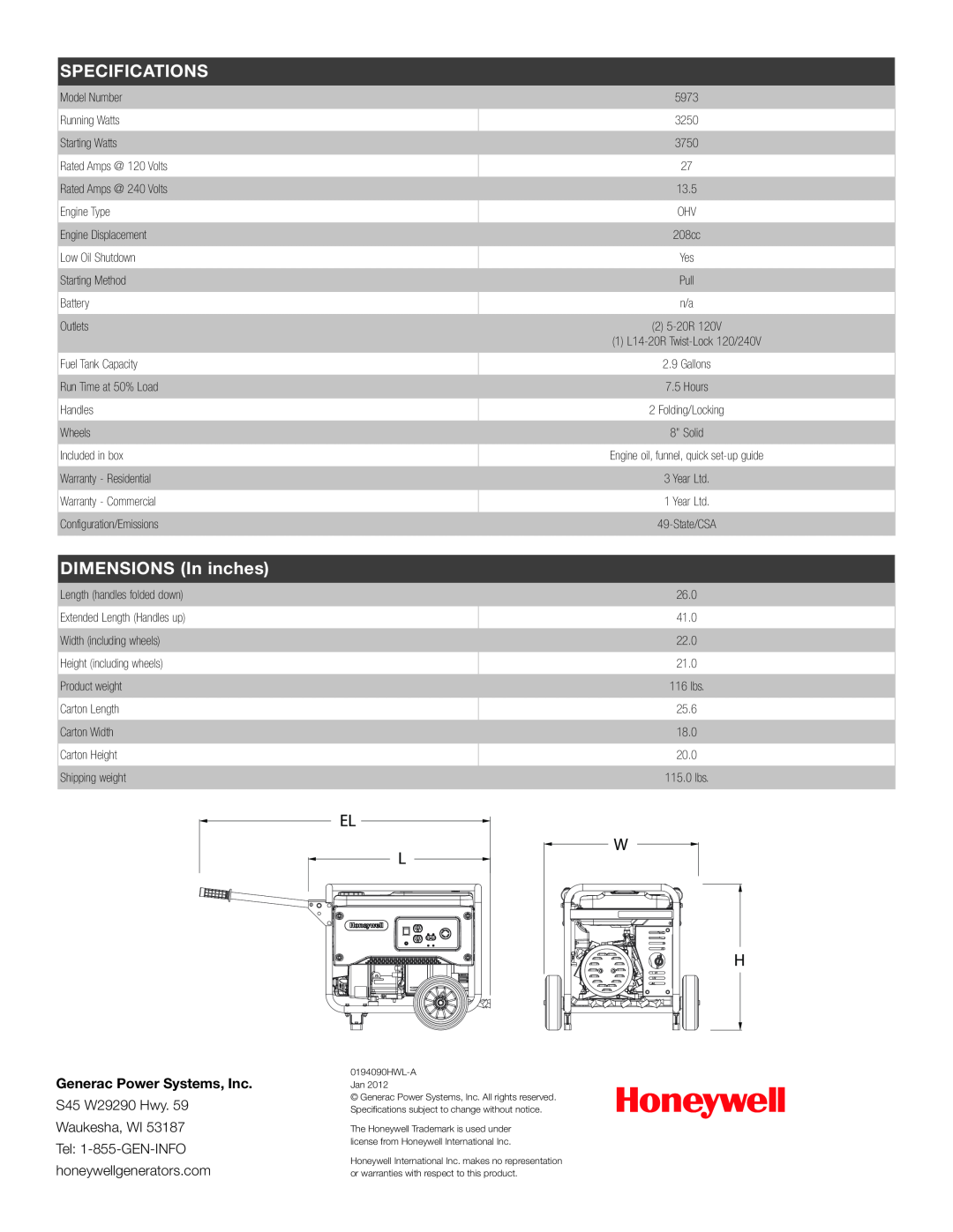 Honeywell 5973R manual El L, Specifications, DIMENSIONS In inches, Generac Power Systems, Inc 