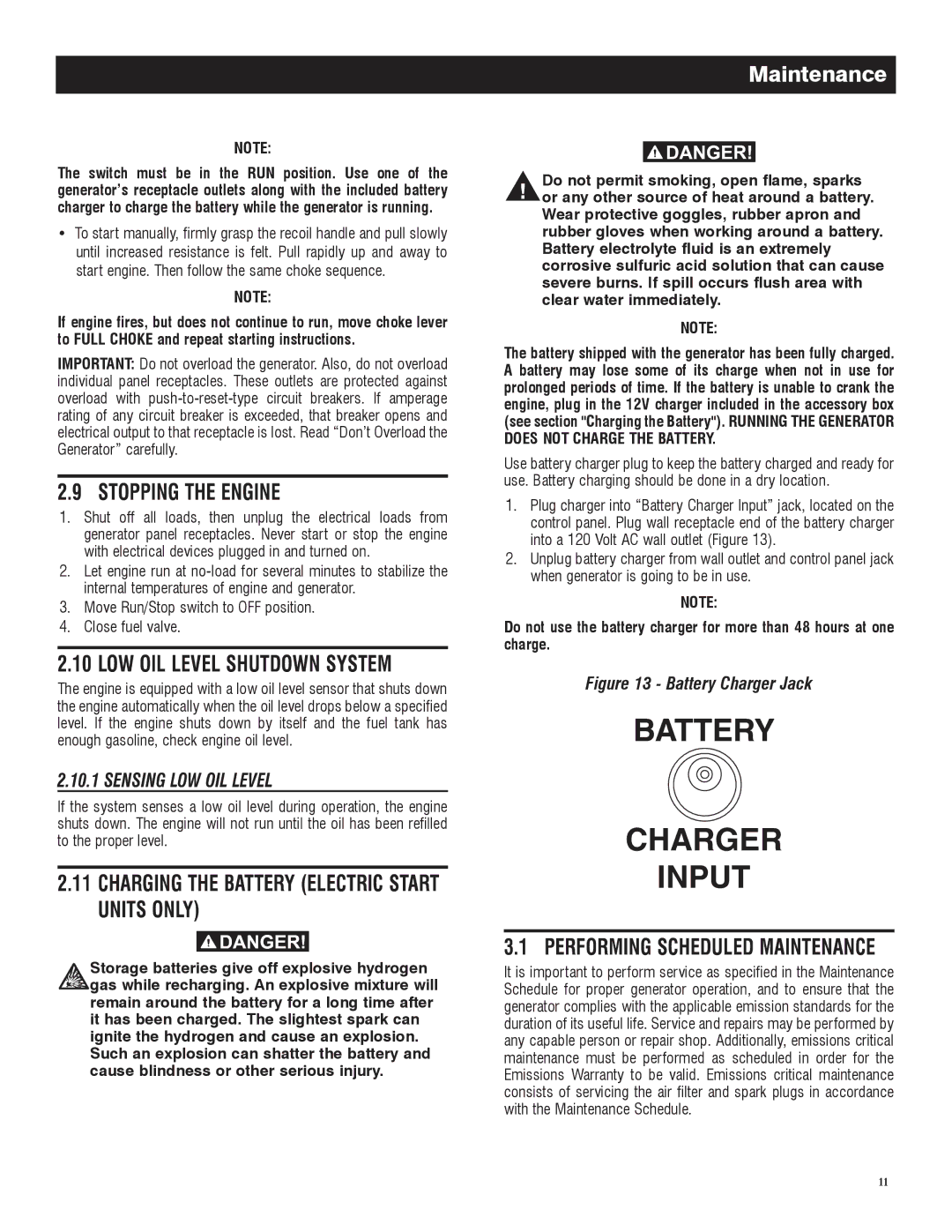 Honeywell 6039 owner manual Maintenance, Move Run/Stop switch to OFF position Close fuel valve 