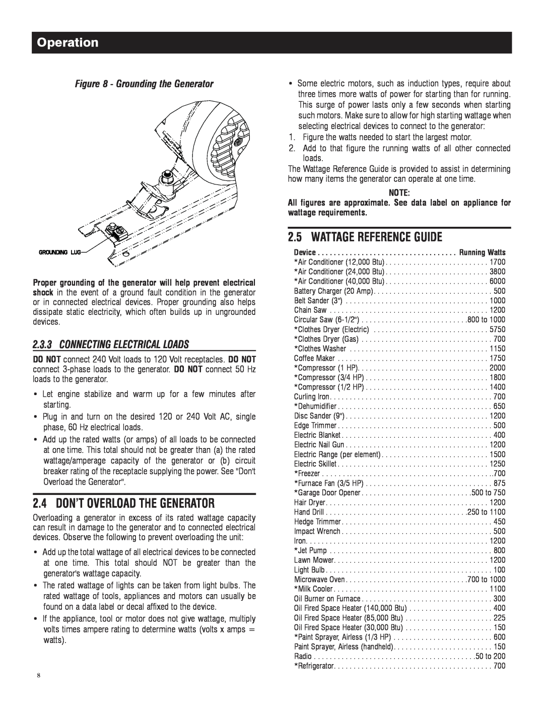 Honeywell 6039 owner manual Grounding the Generator, Operation 