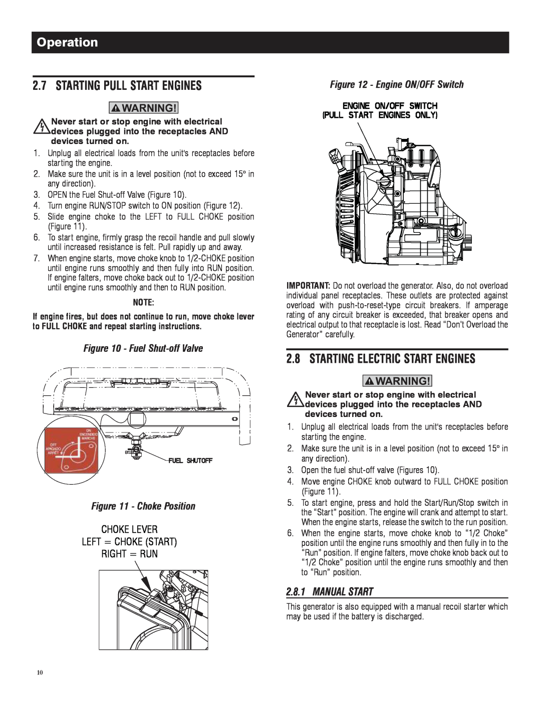 Honeywell 6039 owner manual Engine ON/OFF Switch, Fuel Shut-off Valve - Choke Position, Operation 