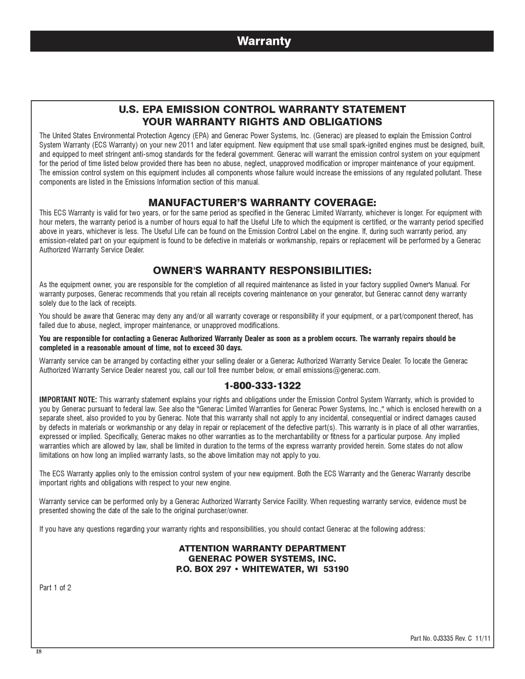 Honeywell 6039 owner manual U.S. Epa Emission Control Warranty Statement, Your Warranty Rights And Obligations 