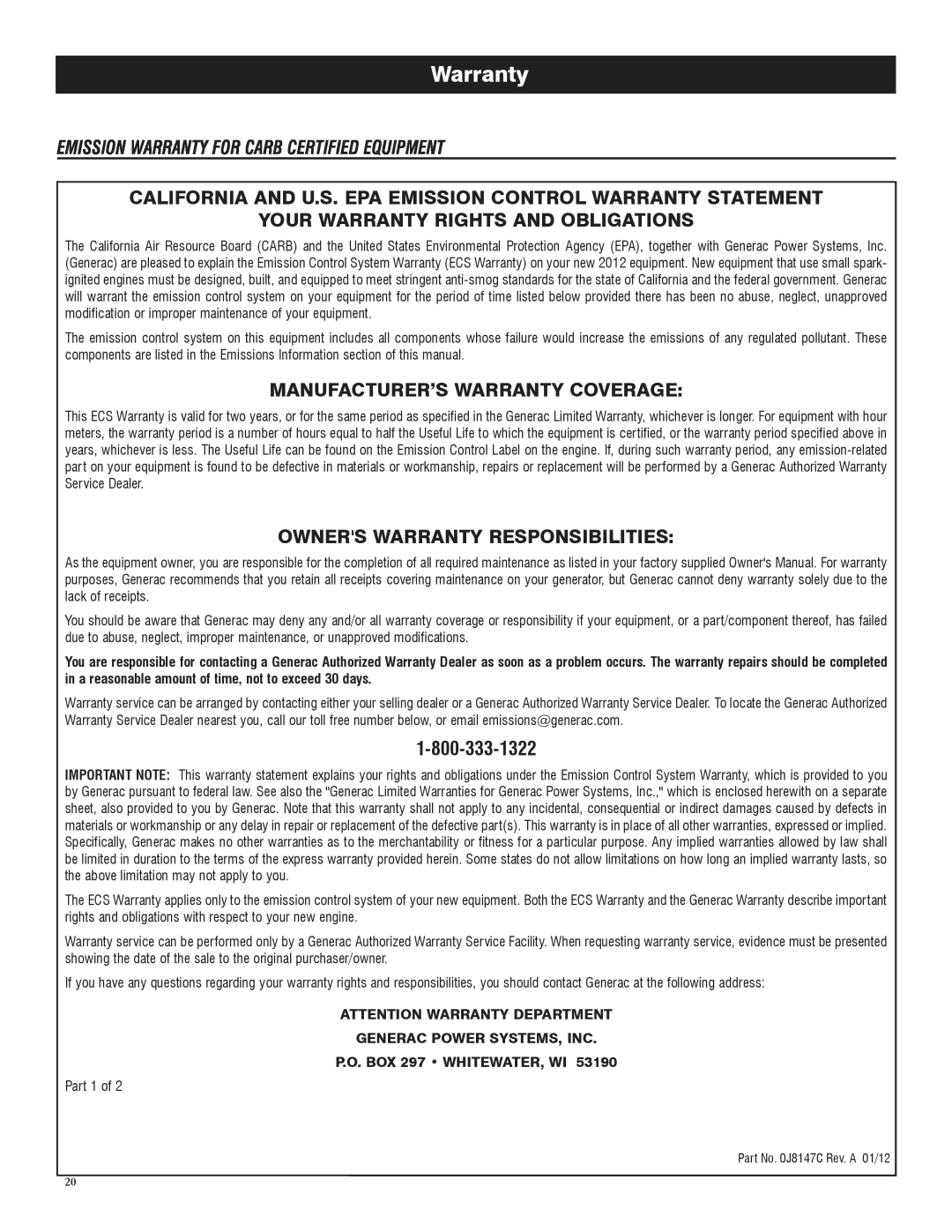 Honeywell 6039 California And U.S. Epa Emission Control Warranty Statement, Your Warranty Rights And Obligations 