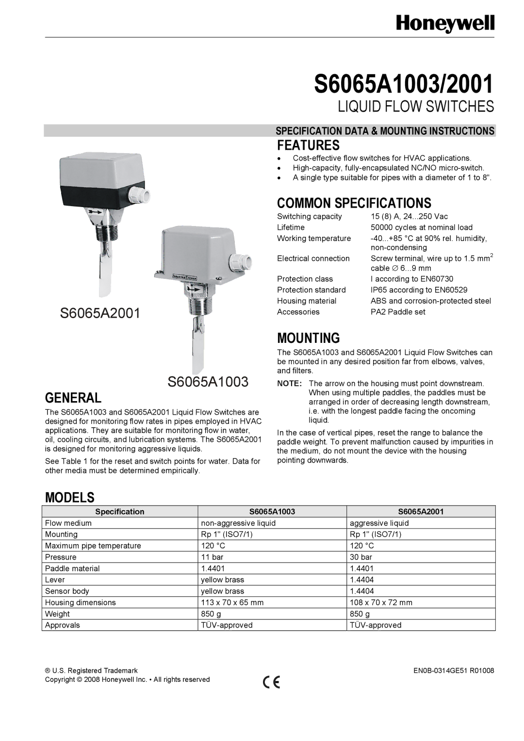 Honeywell 6065 specifications General, Features, Common Specifications, Mounting, Models 