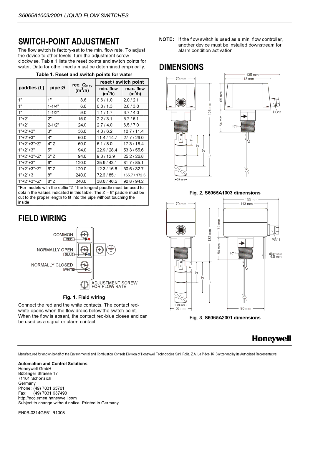 Honeywell 6065 specifications SWITCH-POINT Adjustment, Dimensions, Field Wiring 