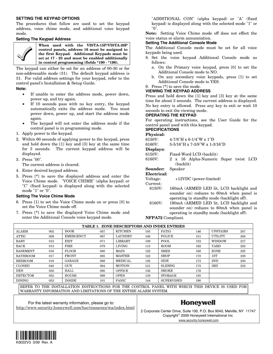 Honeywell 6150V, 6160V Setting the Keypad Options, Viewing the Keypad Address, Operating the Keypad, Specifications 