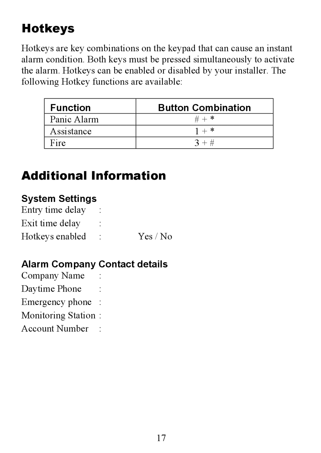 Honeywell 6160EX manual Hotkeys, Additional Information, Function Button Combination, System Settings 