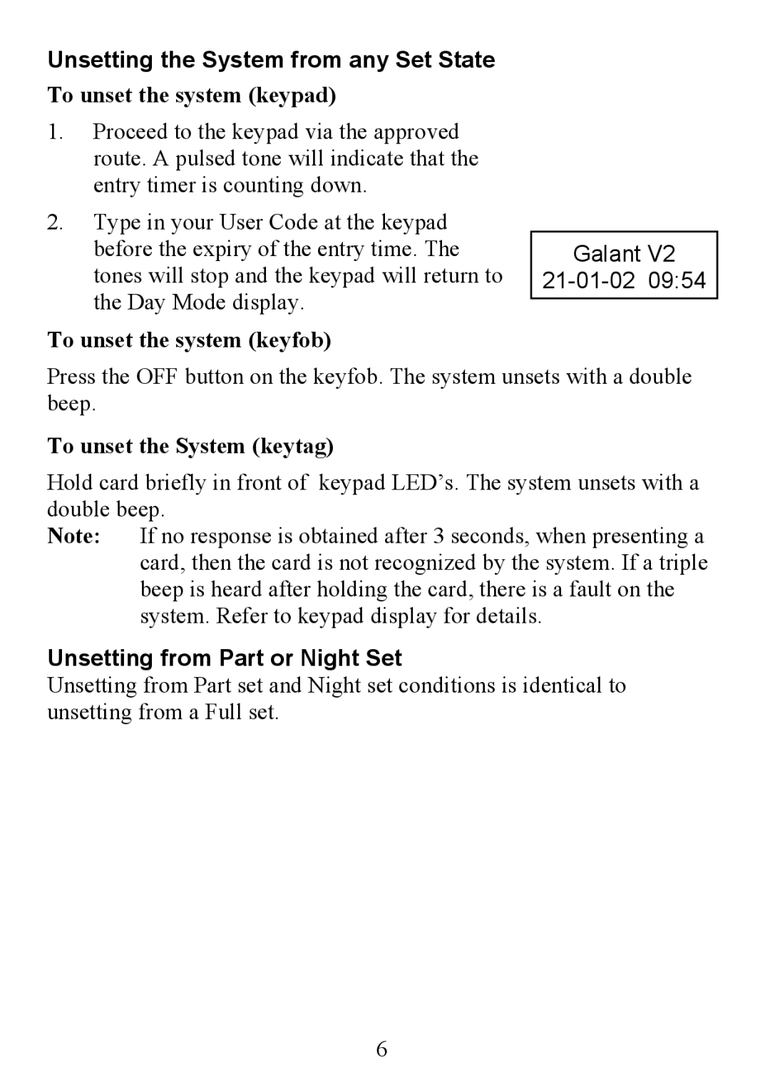 Honeywell 6160EX manual Unsetting the System from any Set State, Unsetting from Part or Night Set 