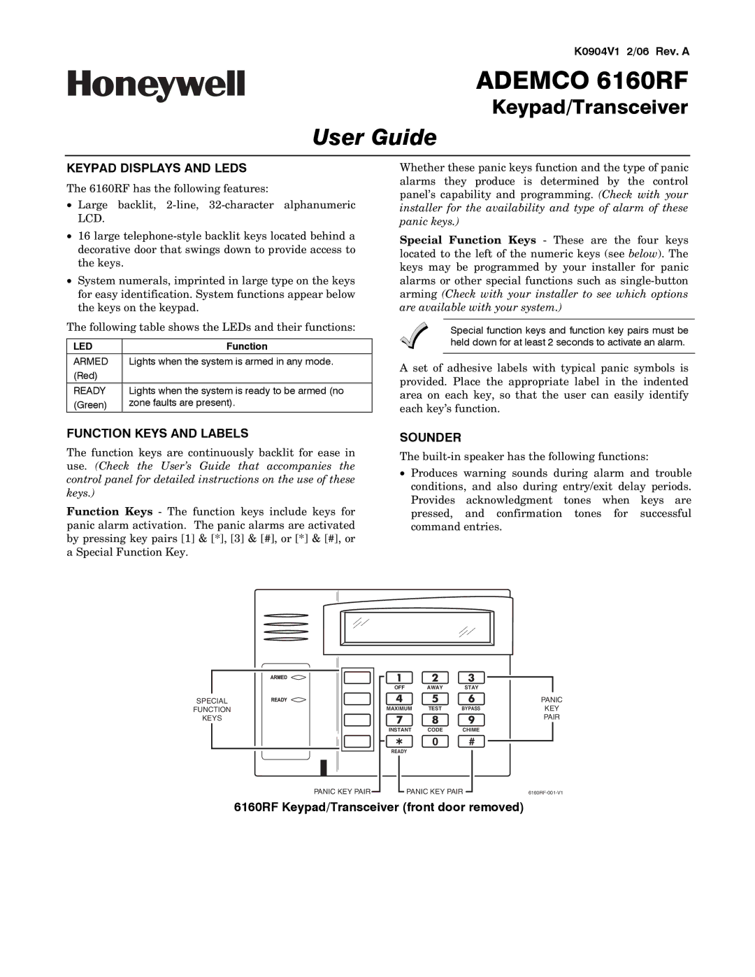 Honeywell 6160RF manual Keypad Displays and Leds, Function Keys and Labels, Sounder 