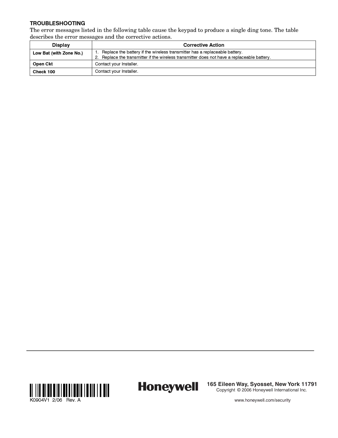 Honeywell 6160RF manual Troubleshooting, Low Bat with Zone No, Open Ckt, Check 