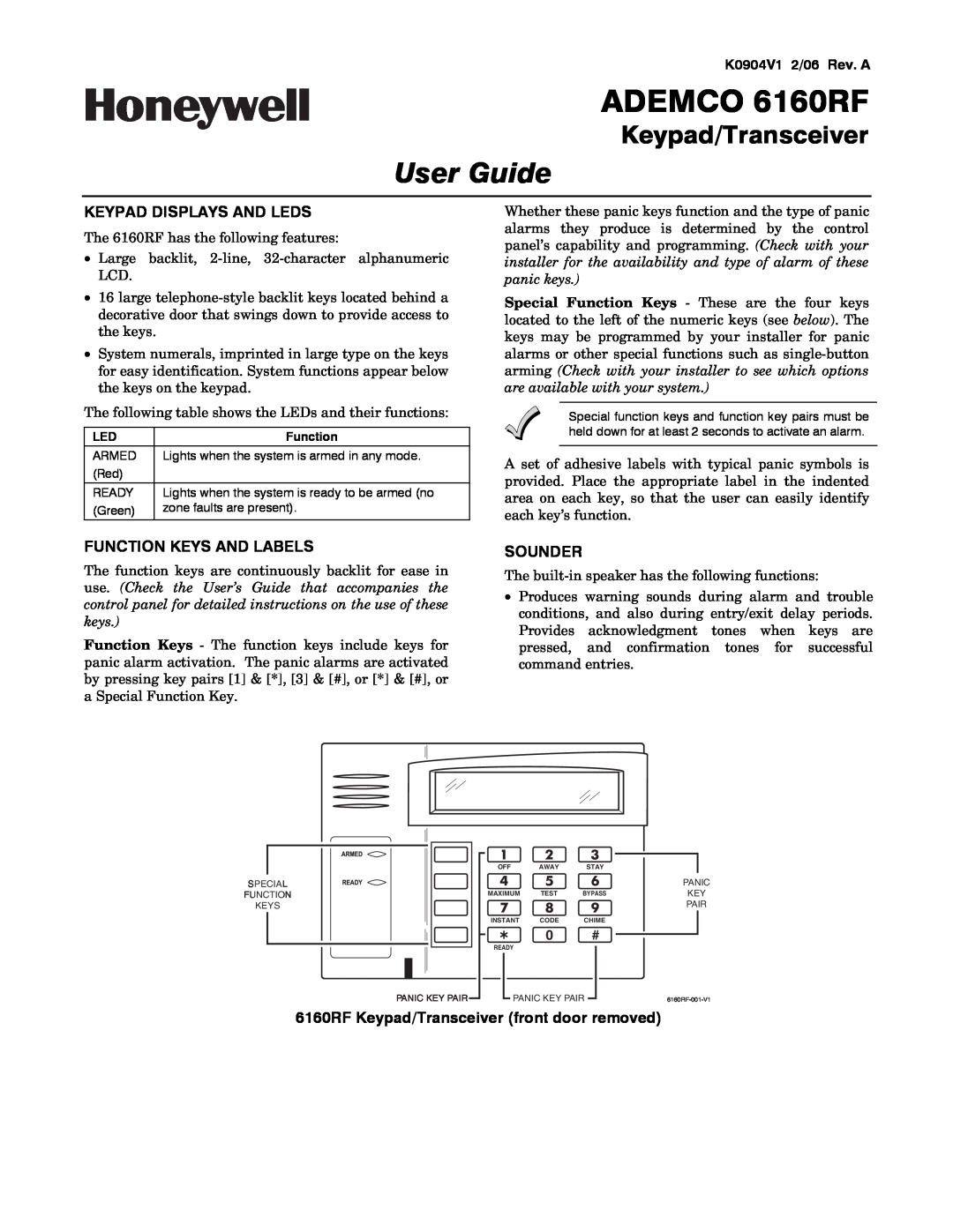 Honeywell manual Keypad Displays And Leds, Function Keys And Labels, Sounder, K0904V1 2/06 Rev. A, ADEMCO 6160RF 