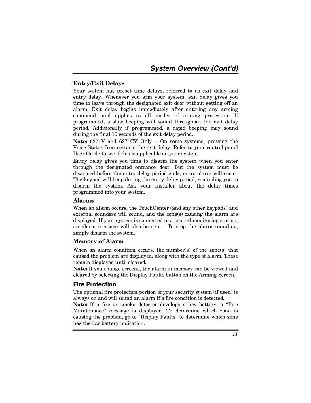 Honeywell 6271 manual System Overview Contd, Fire Protection 