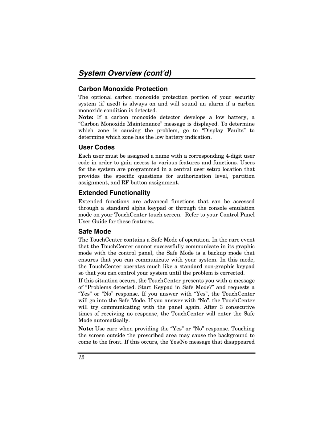 Honeywell 6271 manual Carbon Monoxide Protection, User Codes, Extended Functionality, Safe Mode 