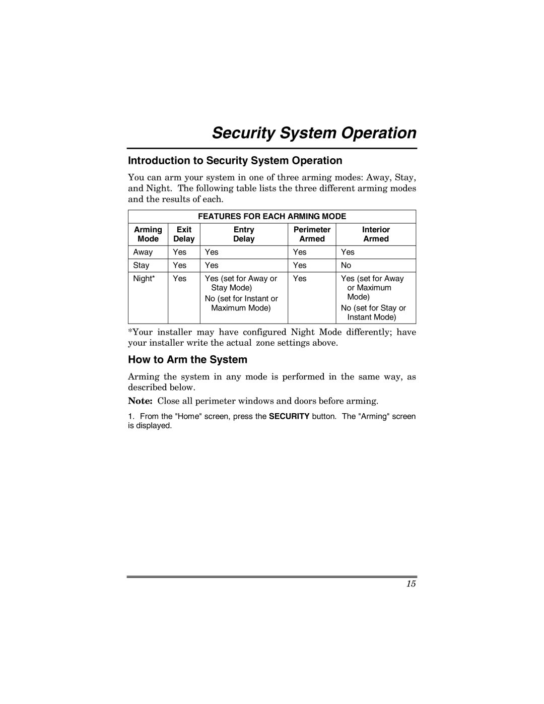 Honeywell 6271 manual Introduction to Security System Operation, How to Arm the System, Features for Each Arming Mode 