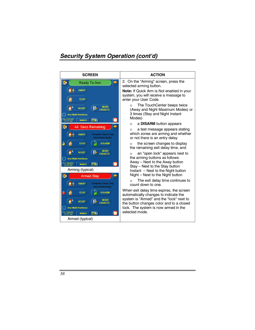 Honeywell 6271 manual Security System Operation contd, Screen Action 