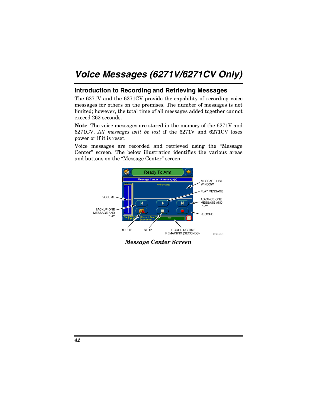 Honeywell manual Voice Messages 6271V/6271CV Only, Introduction to Recording and Retrieving Messages 