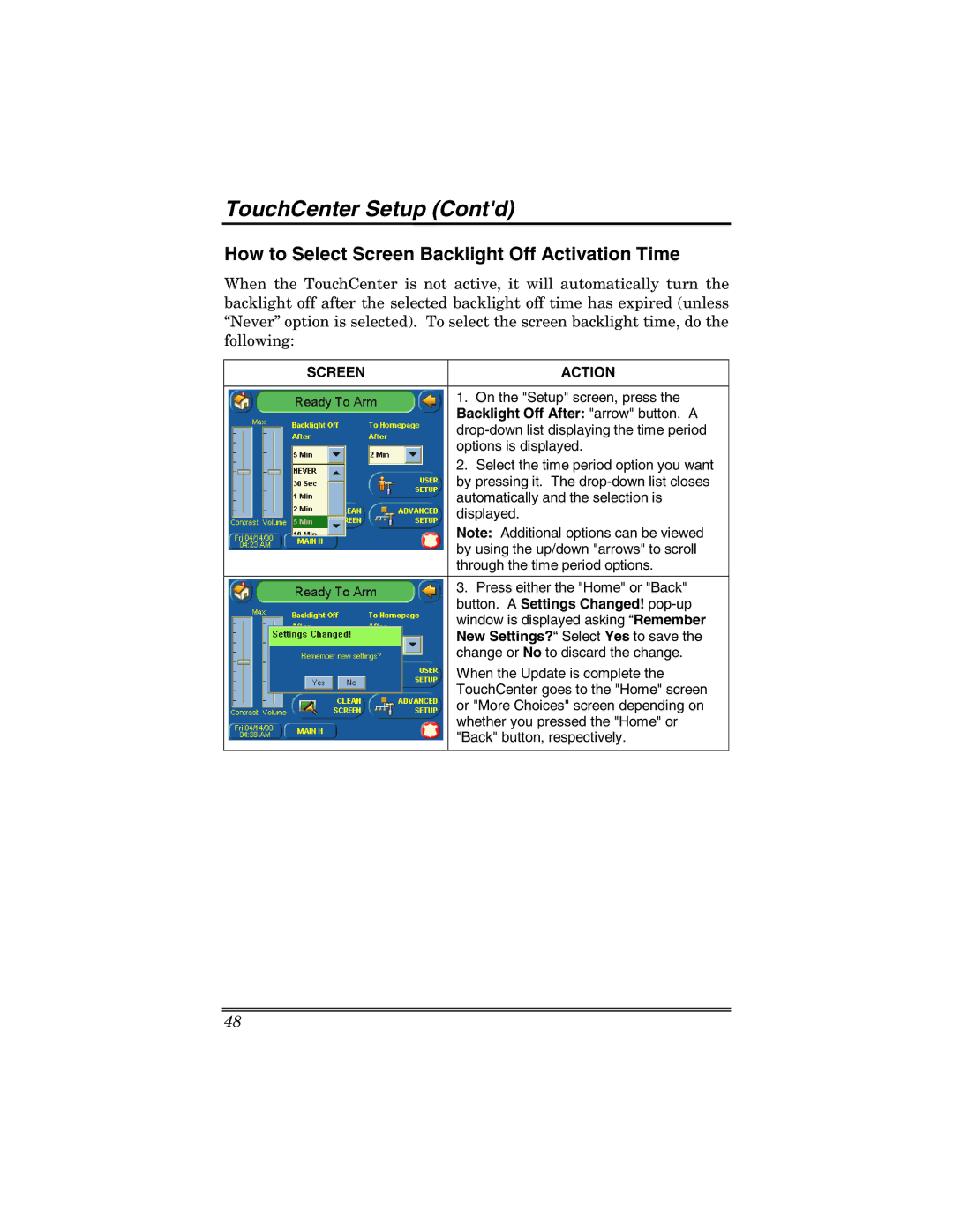 Honeywell 6271 manual How to Select Screen Backlight Off Activation Time, Backlight Off After arrow button. a 