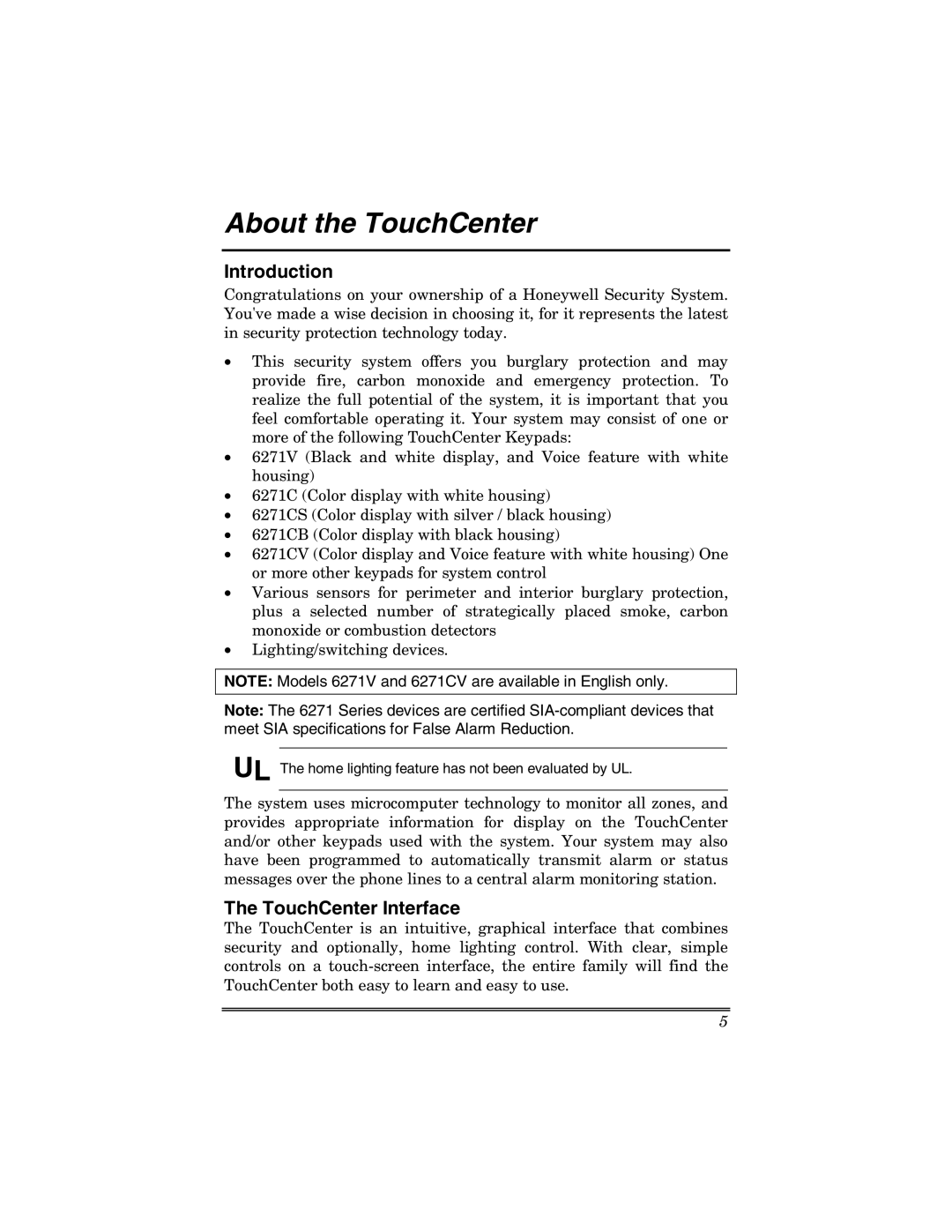 Honeywell 6271 manual About the TouchCenter, Introduction, TouchCenter Interface 