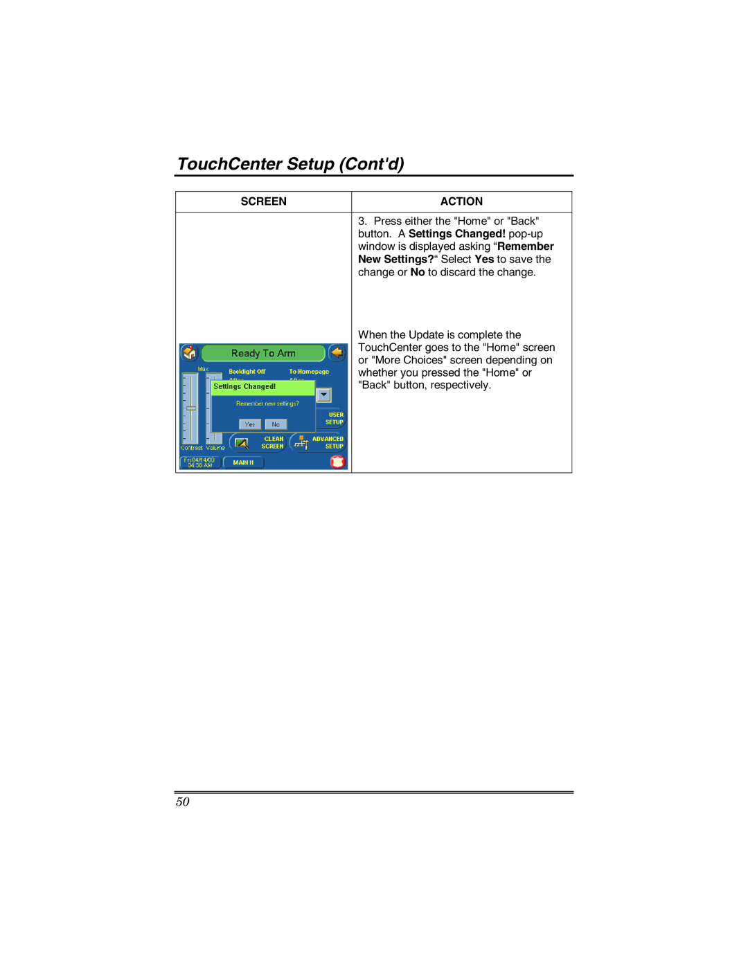 Honeywell 6271 manual TouchCenter Setup Contd 