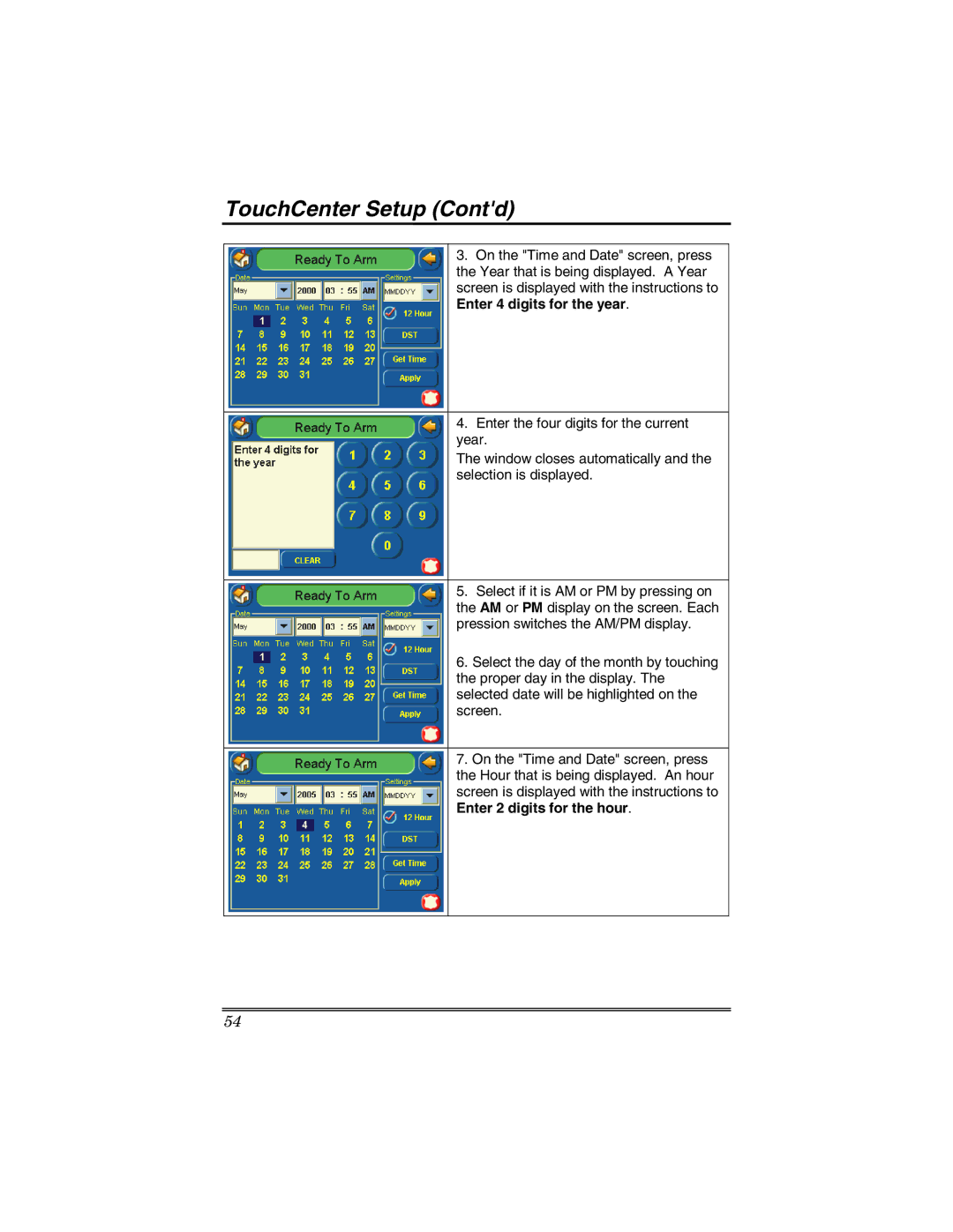 Honeywell 6271 manual TouchCenter Setup Contd 