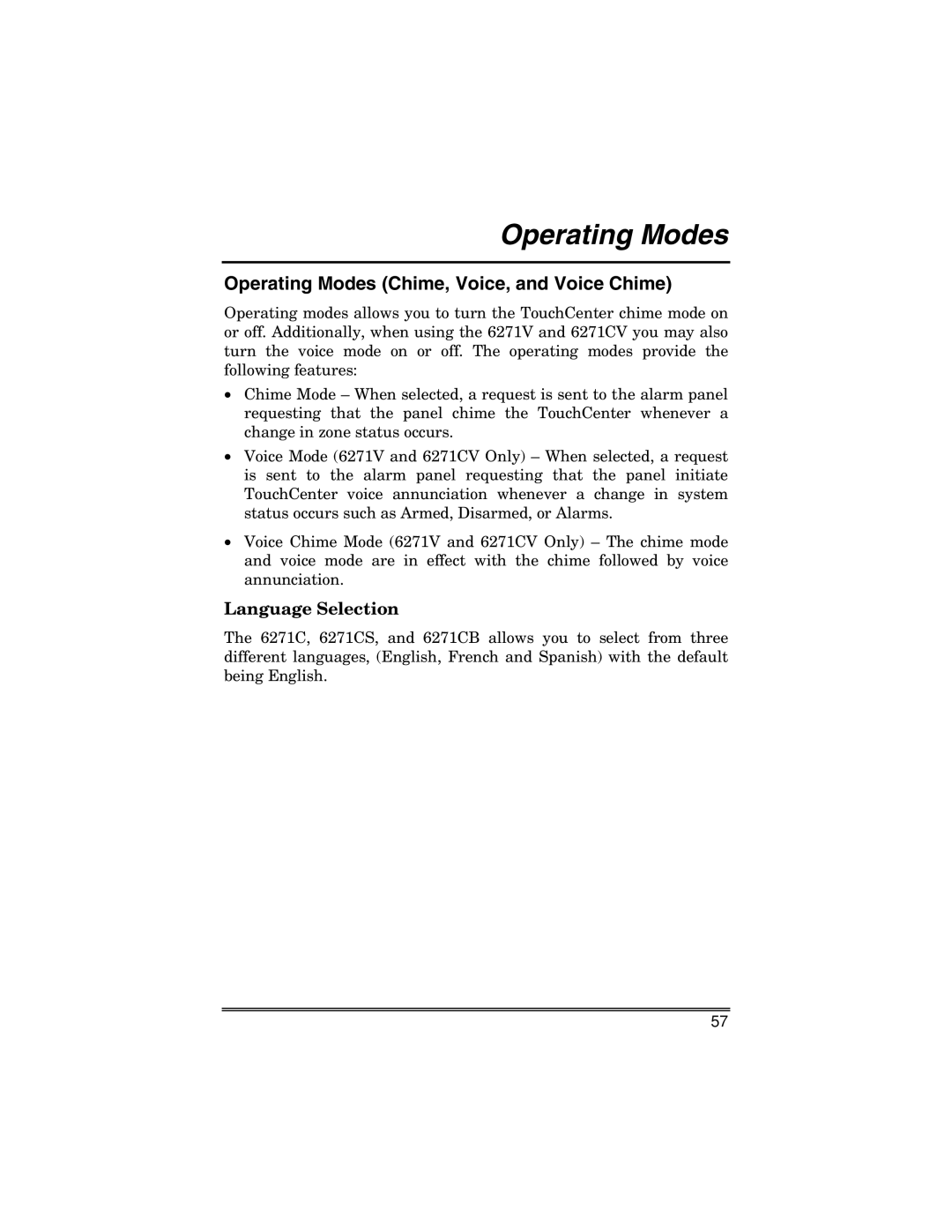 Honeywell 6271 manual Operating Modes Chime, Voice, and Voice Chime 