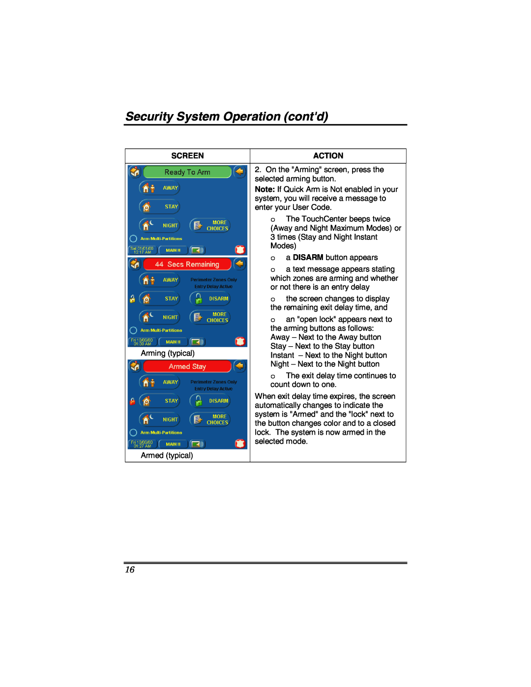 Honeywell 6271 manual Security System Operation contd, Screen, Action 
