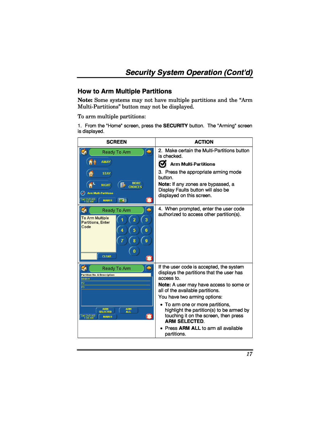 Honeywell 6271 manual Security System Operation Contd, How to Arm Multiple Partitions, Screen, Action, Arm Selected 