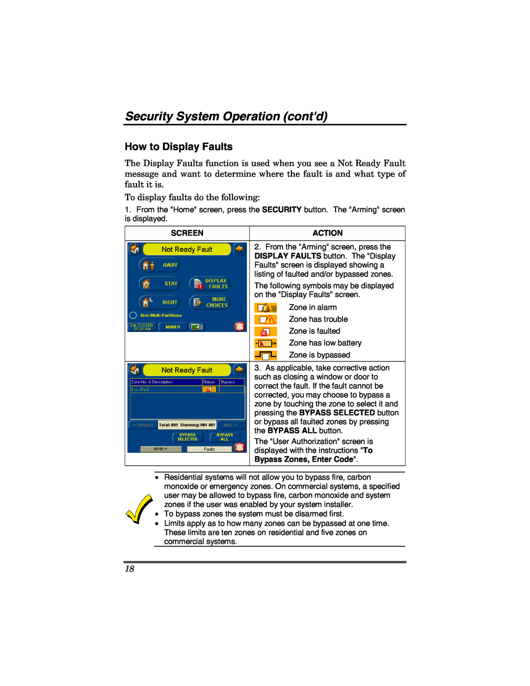 Honeywell 6271 manual How to Display Faults, Security System Operation contd, Screen, Action, Bypass Zones, Enter Code 