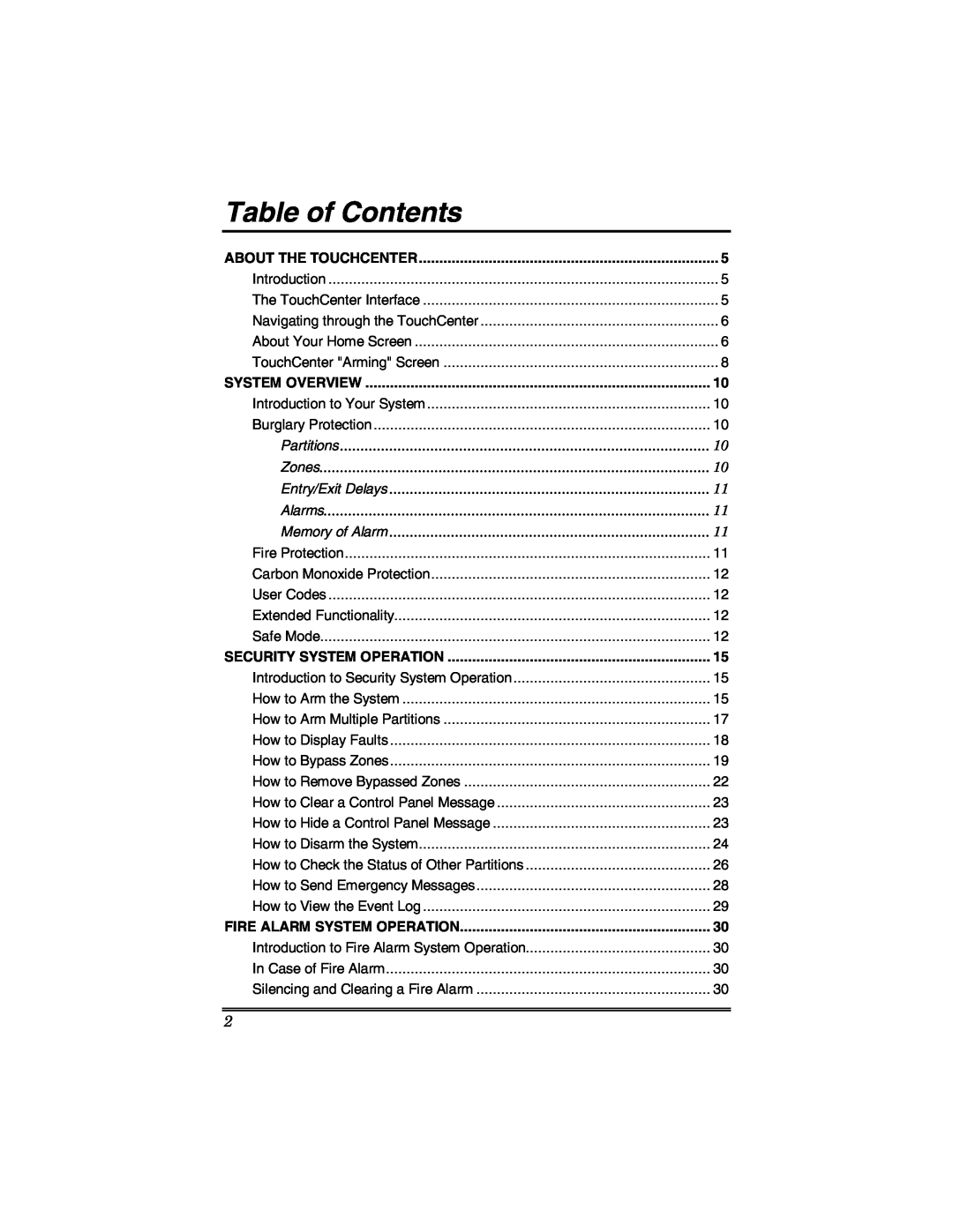 Honeywell 6271 Table of Contents, About The Touchcenter, System Overview, Partitions, Zones, Entry/Exit Delays, Alarms 