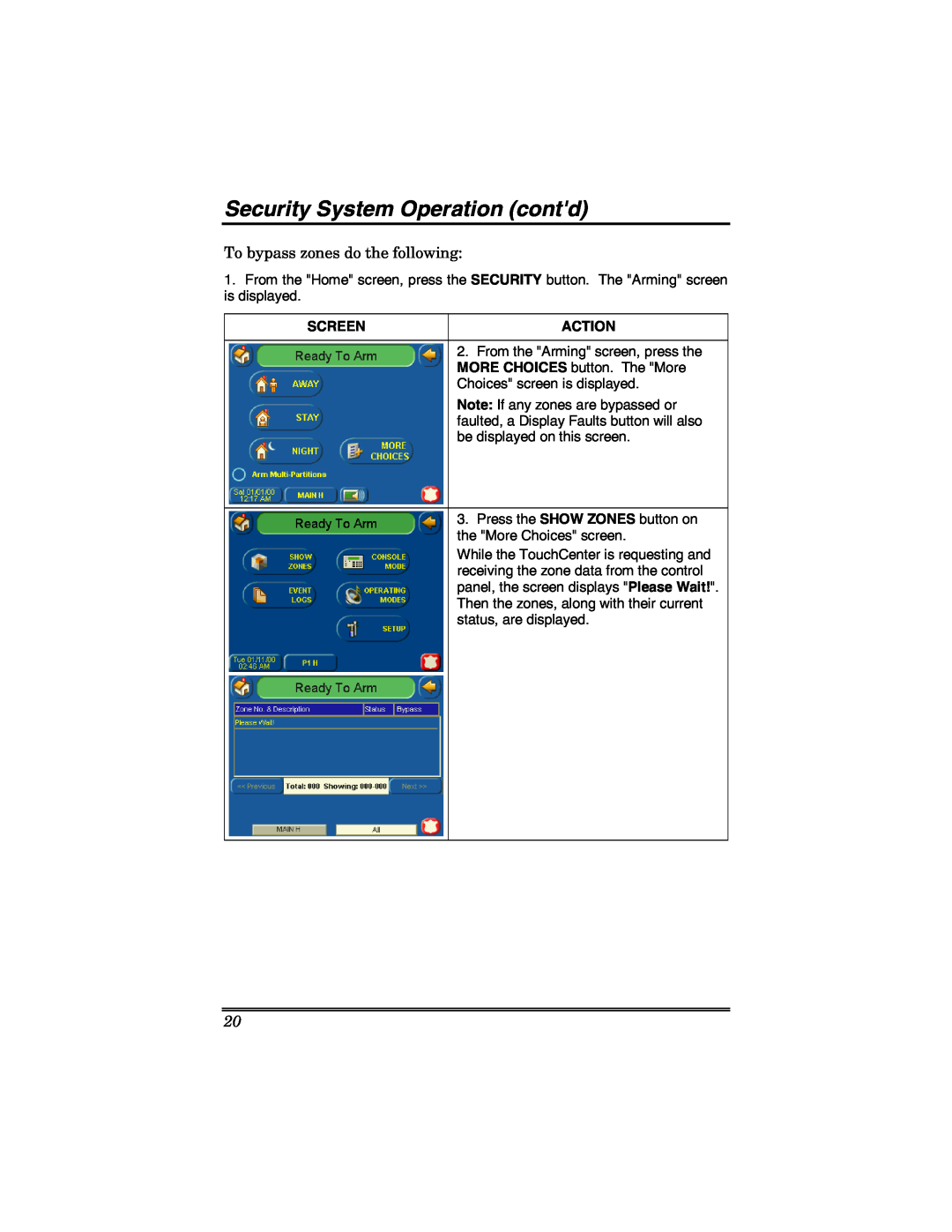 Honeywell 6271 manual Security System Operation contd, To bypass zones do the following, Screen, Action 
