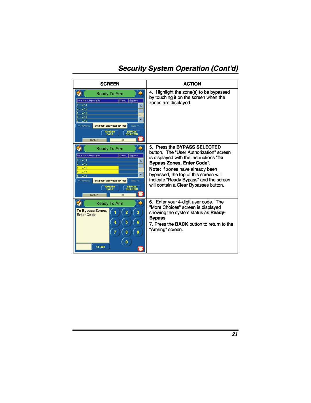 Honeywell 6271 manual Security System Operation Contd, Screen, Action, Press the BYPASS SELECTED, Bypass Zones, Enter Code 