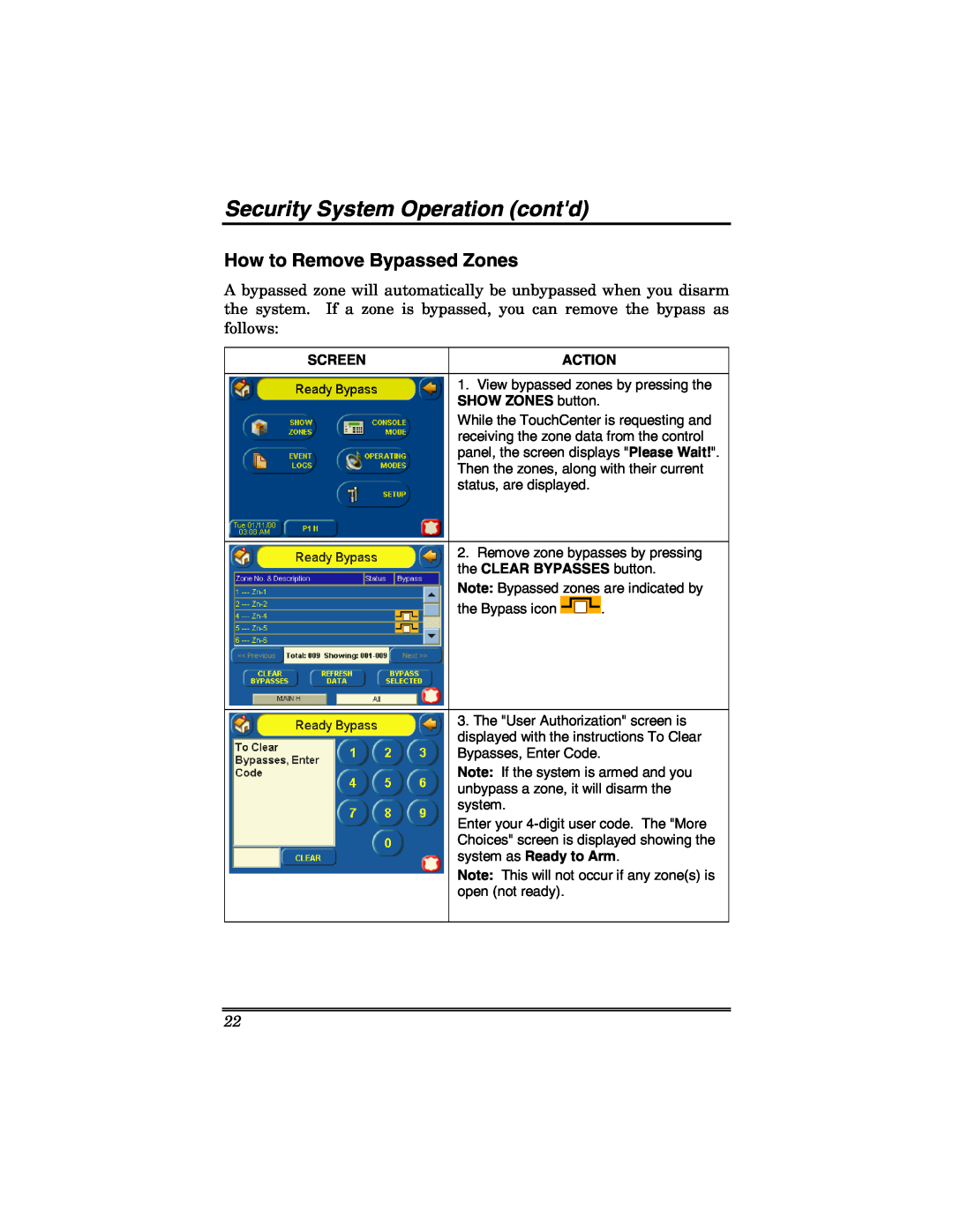 Honeywell 6271 manual How to Remove Bypassed Zones, Security System Operation contd, Screen, Action 